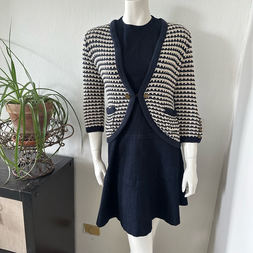 LOFT Nautical Chunky Knit Cardigan Navy Cream Brass Buttons Size SP